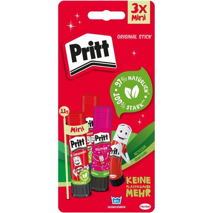 Клейові палички Pritt, упаковка з 6 шт. , 2 стандартні клейові палички та 1 рожевий клей-олівець з блискітками