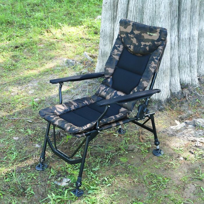 Рибальське крісло XL, вантажопідйомність 150 кг, коропове крісло з підлокітниками, складне, зручне рибальське крісло з підлокітниками та регульованою висотою сидіння (від 42 см до 55 см), кемпінгове крісло з надзвичайно широким сидінням