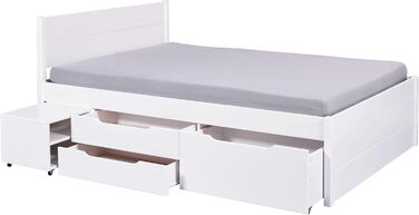 Ліжко з шухлядами - Двоспальне ліжко 140x200 см - Двоярусне ліжко з місцем для зберігання - Масив сосни - 2 шухляди та 1 коробка для зберігання - Включає рейкову основу - Білий лак - Efetivo 140x200 см 140 x 200 см Efetivo White з узголів&39ям