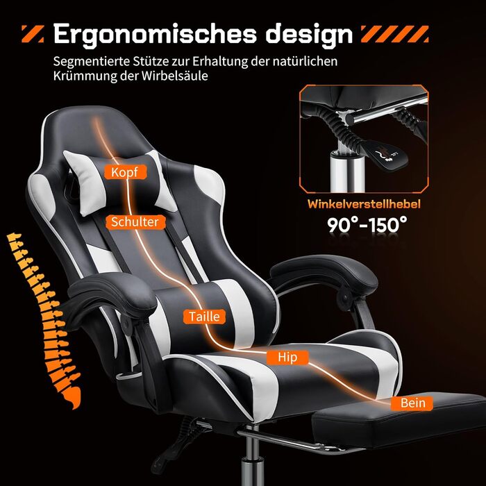 Ігрове крісло Sweetcrispy, ергономічне офісне крісло з підставкою для ніг, ігрове ПК-крісло з підголівником та поперековою опорою, регульоване на 90-150, шкіряне поворотне робоче крісло, комп&39ютерне крісло, біле