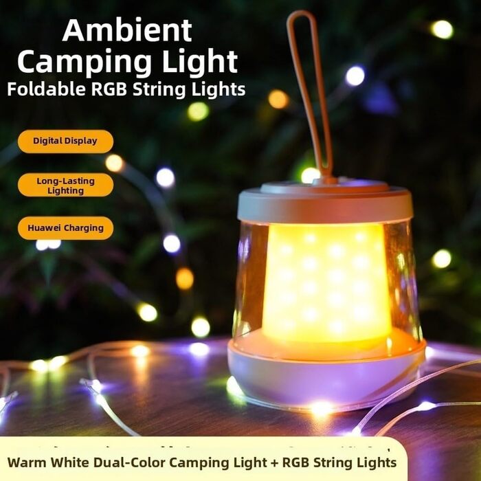 Акумуляторний кемпінговий ліхтар із 10-метровою світлодіодною гірляндою, теплий білий колір RGB, швидка зарядка через USB-C та функція зовнішнього акумулятора, портативна силіконова ручка та гачок (кольорові).