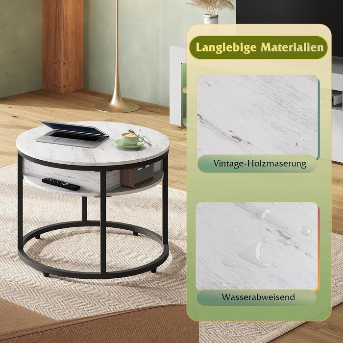 Круглий журнальний столик WLIVE з підйомною стільницею, стіл для вітальні з регульованою висотою та місцем для зберігання, 60 x 60 x 50 см, журнальний столик для вітальні, балкону та офісу (дуб, діаметр 60) Дуб, діаметр 60