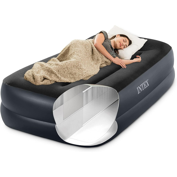 Надувний матрац двомісний Intex Adult Queen Pillow Rest з Fiber-Tech Bip,  з піднятою спинкою верх чорний/низ синій