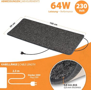 Інфрачервоний нагрівальний килимок для дому та офісу, антрацит 50x100 см, 64 Вт, 230 В