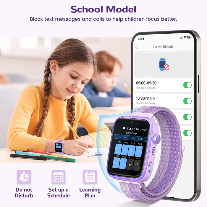 Дитячий смарт-годинник з функцією відеодзвінків та телефону, дитячий годинник з GPS, голосовим чатом, WhatsApp, WiFi, SOS, SMS, шкільним режимом, крокоміром, водонепроникний IP68, будильник, дитячий смарт-годинник для дівчаток/хлопчиків, фіолетовий/фіолет
