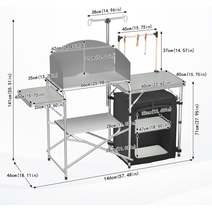 Складана кемпінгова кухня, кемпінгова шафа з алюмінію з 3 робочими поверхнями, відділенням для шафи, підставкою для світла та 4 гачками, вулична кухня, кемпінгова шафа