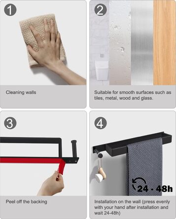 Рушникосушка чорна, самоклеюча рушникосушка без свердління з нержавіючої сталі 43,5 см гостьова рушникосушка для ванної кімнати з