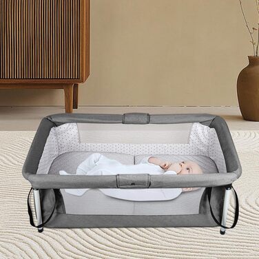 Дитяче ліжечко Homewell Baby Travel Cot, складне дитяче ліжечко з матрацом, портативний намет-ліжечко, оснащений москітною сіткою та іграшками, 90 x 50 см (у зібраному вигляді) / 45 x 50 см (складене) (сірий)