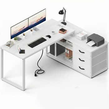 Кутовий стіл JUMMICO з шухлядами, L-подібний реверсивний, 140 x 105 x 75 см, з 2 USB-портами та 2 розетками, білий