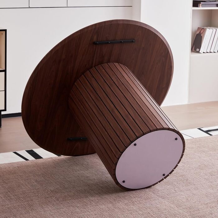 Сучасний круглий обідній стіл у стилі вабі-сабі, темно-коричневий з дерев&39яною текстурою та циліндричною основою, 120 x 120 x 76 см