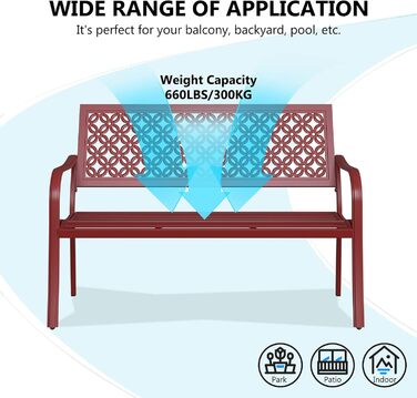 Садова лавка Grand patio металева, паркова лавка зі спинкою та підлокітником, залізна лавка на 2-3 місця, лавка ретро стиль, садові меблі сталеві чавунні, лавки для саду, парку, балкона (Bossa Nova Red) Bossa Nova Red Vintage Style