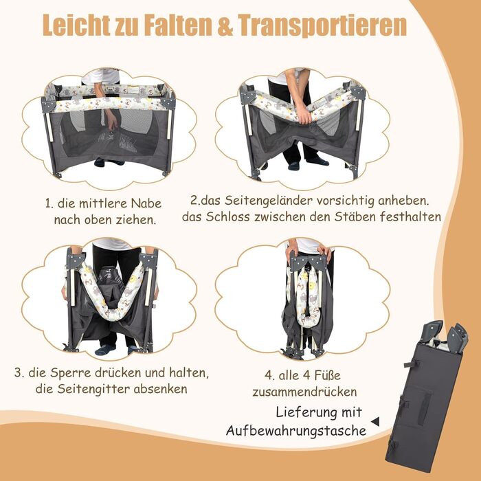 Складане дорожнє ліжечко DREAMADE 4-в-1, дитяче ліжечко з регульованою висотою та пеленальний столик, приліжкове ліжко з сумкою для перенесення, для дітей 0-36 місяців, темно-сіре