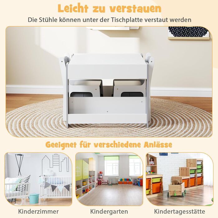 Дитячий стіл GOPLUS 4-в-1 з 2 стільцями, комплект дитячих сидінь з двосторонньою стільницею, боковими полицями та 2 тканинними коробками для зберігання, компактні дитячі меблі для малювання, читання та ігор (сірі) з полицею та коробками сірого кольору, 2.