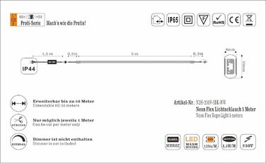 Професійна серія - Світлодіодна неонова гнучка світлова стрічка, мотузковий світильник, зовнішнє та внутрішнє, 5 м, теплий білий, 230 В, 120 світлодіодів/м, водонепроникний IP65, з можливістю затемнення, з можливістю укорочення. Сад, Прикраса, Зроби сам, 