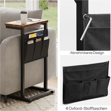 Журнальний столик HOOBRO C-подібної форми, столик до дивана, тумбочка, столик для перекусу, з 4 кишенями з тканини Оксфорд для невеликих приміщень, вітальні, спальні, ванної кімнати, вінтажний коричневий та чорний EBF43SF01