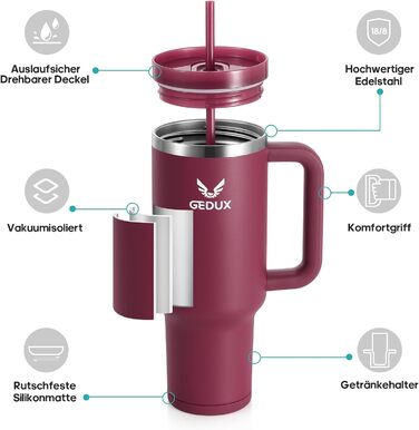 Пляшка для пиття об&39ємом 1,2 л з трубочкою - Термокружка з ручкою, що запобігає протіканню - Двостінна вакуумна ізоляція - Термокружка з трубочкою та кришкою, що захищає від бризок (темно-червона)