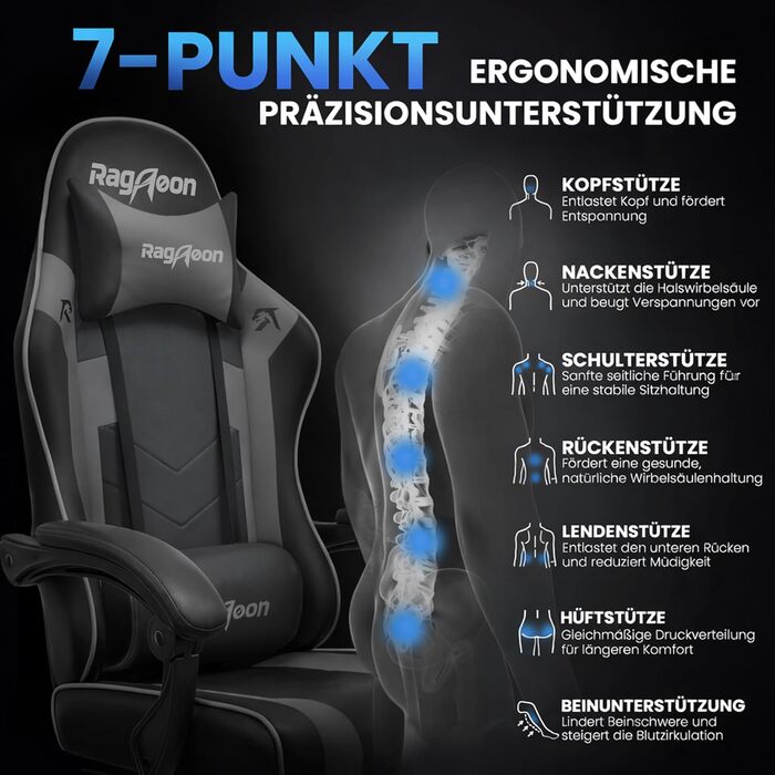 Ігрове крісло - Ергономічне ігрове крісло з підставкою для ніг, підголівником та поперековою опорою, регульоване по висоті, м&39яке, вантажопідйомність 150 кг, чорно-сіре