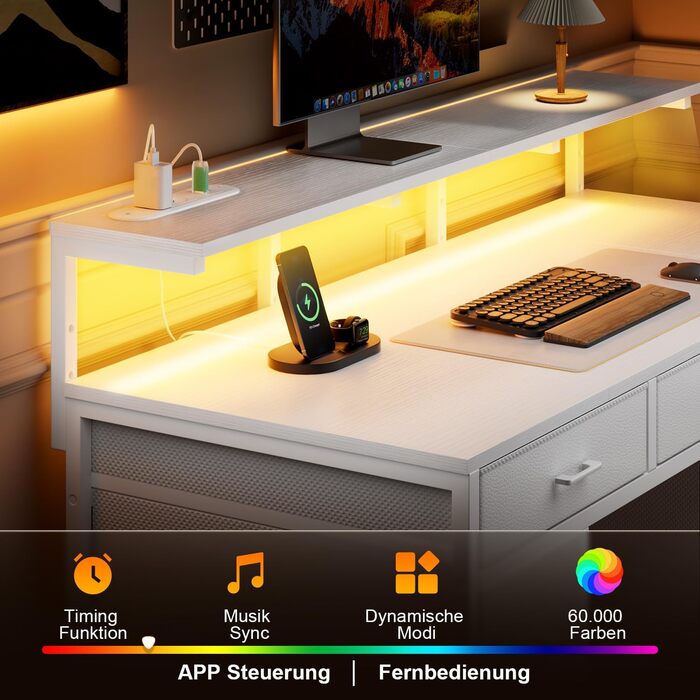 Письмовий стіл з 8 шухлядами, комп&39ютерний стіл з 2 розетками та 2 USB-портами для зарядки, офісний стіл зі світлодіодним освітленням та підставкою для монітора, ПК-стіл для офісу, вітальні, 120 x 50 x 74 см, білий