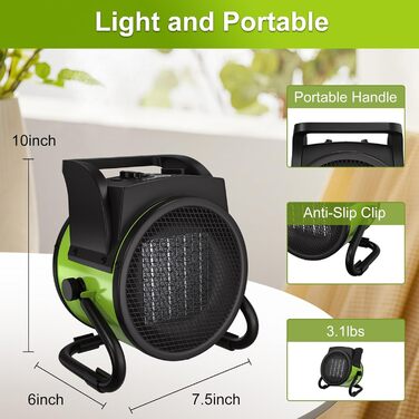 Енергозберігаючий керамічний радіаційний обігрівач GARDTECH з PTC, надзвичайно потужний електричний обігрівач, великий об&39єм повітря, будівельний обігрівач із захистом від перегріву, захистом від перекидання, термостатом, 2000 Вт, зелений