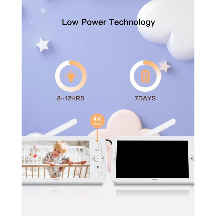 Монітор ARENTI з 4 камерами та додатком 2K/3MP, 5-дюймовий відеоняня Wi-Fi PTZ 355, автоматичне відстеження, виявлення плачу, датч