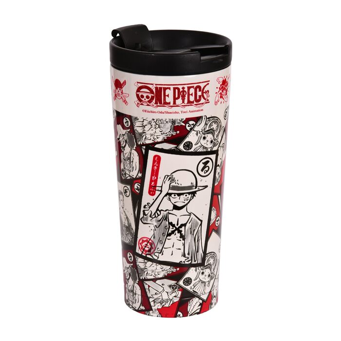 Термокружка Elbenwald One Piece - 425 мл - Кружка для кави з нержавіючої сталі з кришкою, що закручується, та отвором для пиття, що замикається (висота 19 см) - Біла/Червона з мотивом Луффі One Piece Luffy