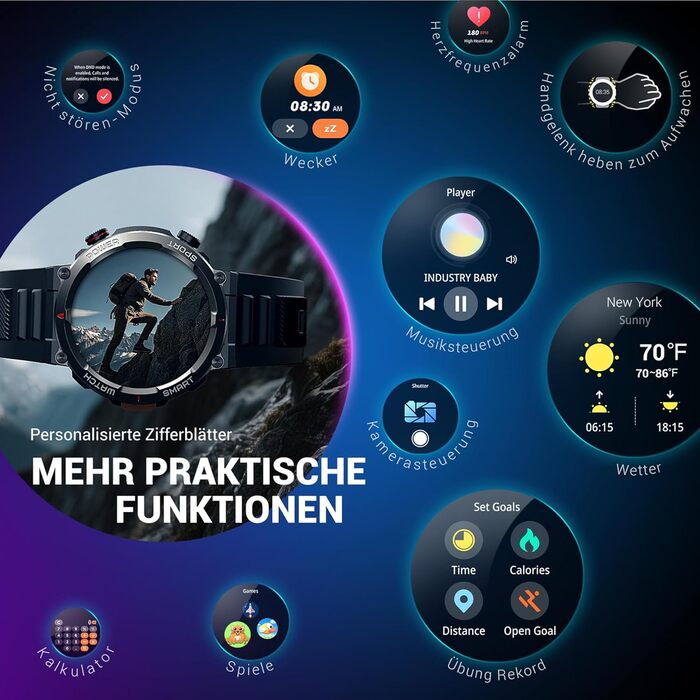 Розумний годинник Blackview для чоловіків, підсвічування, компас, водонепроникність IP68, 100 днів роботи від батареї, сенсорний екран 1,45 дюйма, Bluetooth-дзвінки, монітор серцевого ритму, аналіз сну, спортивний годинник із понад 100 спортивними режимам