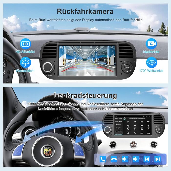 Автомагнітола для Fiat 500 2007-2015 з бездротовим Carplay та головним пристроєм Android Auto, 232 ГБ 7-дюймовий IPS HD сенсорний екран з GPS-навігацією/голосовим керуванням/WiFi/SWC/Bluetooth 5.2/FM/камерою заднього виду, чорний колір