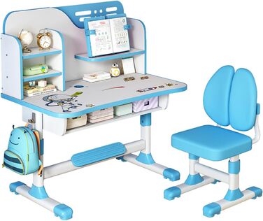 Ергономічний стіл та стілець для дітей, регульований по висоті робочий стіл з книжковою полицею, шухлядою та поперековою опорою, стіл та стілець для спальні, синій