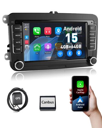 Автомобільне радіо ESSGOO Android 15 464G з бездротовим Android CarPlay для VW Golf MK5 MK6 Polo Caddy Passat Seat RCD330, 2 Din Bluetooth-радіо з 7-дюймовим сенсорним екраном FM RDS GPS WiFi навігація