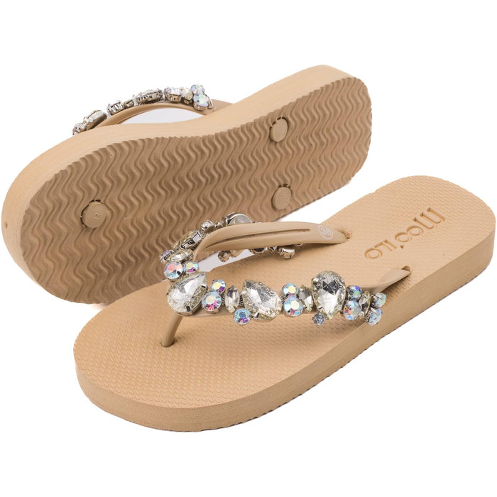 Бежевий - Жіночі літні шльопанці-шльопанці mooilo з бежевими стразами (вишиті вручну) - Ультрам&39яка підошва - Дизайн, зроблено в Німеччині, розмір 40 EU, Бежевий