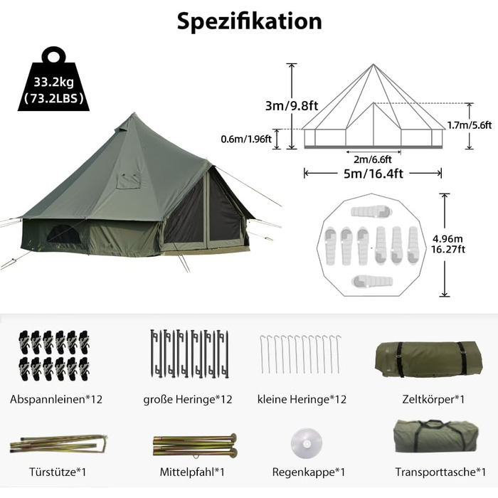 Намет-дзвін з отвором для печі, намет для глемпінгу з бавовни, простора юрта для сімей, кемпінговий намет, сімейний намет, намет-тіпі, намет-вігвам, пірамідальний намет для груп, кемпінг на свіжому повітрі, зелений, 5 м / 6-8 осіб