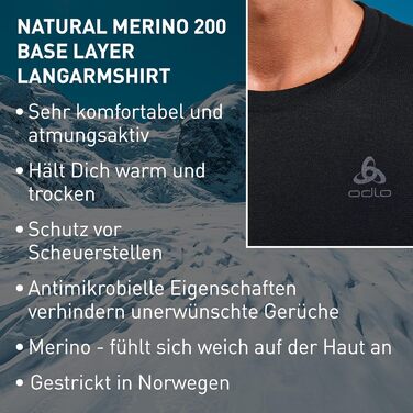Термобілизна Odlo з мериносової вовни для чоловіків 200 Білизна з мериносової вовни Термосорочка з довгими рукавами Термосорочка з довгими рукавами та круглим вирізом Чоловіча, чорного кольору, XL