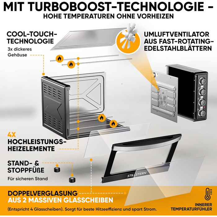 Міні-піч Stillstern з конвекцією (60 л) НОВИНКА CYCLONE PRO (антипригарне покриття), версія DE, вставка для фритюрниці, буклет з рецептами, вертел, міні-піч для піци на грилі потужністю 2200 Вт також для кемпінгу