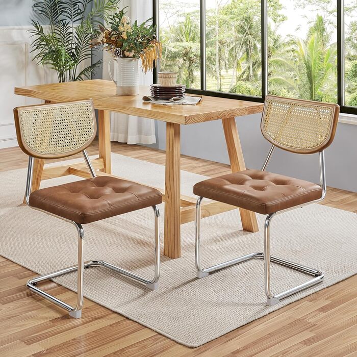 Комплект кухонних стільців Yaheetech із 2 шт. , обідні стільці зі спинкою з ротанга, консольне крісло зі штучної шкіри, м&39яке крісло для їдальні/кухні/вітальні/ресторану, ретро-коричневий