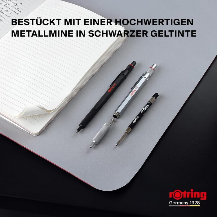 Гелева ручка rOtring 600 0,55 мм Чорне чорнило Пишучий інструмент сріблястого кольору з металевим корпусом Нековзка зона захоплення з насічкою та шестигранний корпус Змінний гель сріблястого кольору