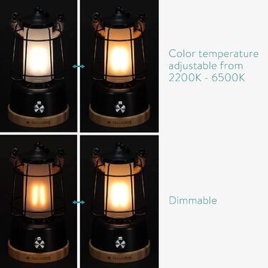 Акумуляторний світлодіодний ліхтар Navaris - Ліхтар для вулиці та приміщень з батареєю - Портативний бездротовий настільний світильник з регульованою яскравістю - Лампа для кемпінгу з регулюванням колірної температури, чорний