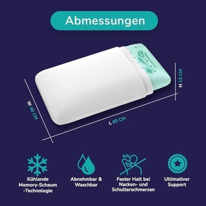 Подушка для шиї ZenPur, 2 шт., 40x60-13 см, подушка з піни з ефектом пам&39яті - ергономічна подушка для сну для шиї та плечей, сертифікована Oeko-TEX, середня, 2 шт., 40 x 60 x 13 см