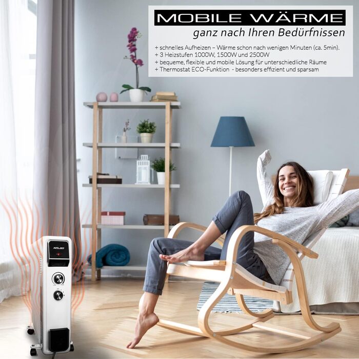 Масляний радіатор 2500 Вт з 3 режимами нагріву Термостат 11-реберний електричний нагрівальний елемент Енергозберігаючий масляний радіатор Захист від перегріву Електричний нагрівач Режим ECO 1000 1500 (чорний)