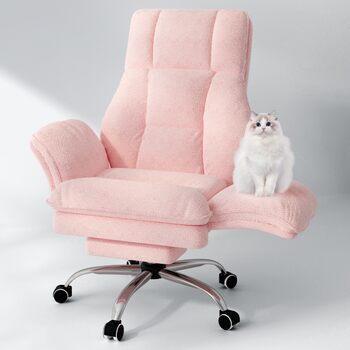 Офісний обертовий стілець для високих і сильних людей з відкидними підлокітниками та підставкою для ніг, широке регульоване ергономічне ігрове крісло зі схрещеними ніжками та комфортом для тварин, колір Teddy Pink.