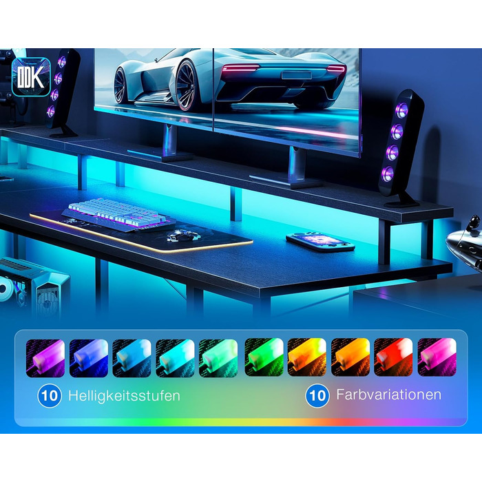 Ігровий стіл ODK зі світлодіодним освітленням, двосторонній ігровий стіл 168120 см з 2 розетками та 2 портами USB для зарядки, великий кутовий стіл із сітчастою полицею, чорний 168120 см чорний