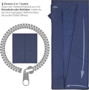Спальний мішок Outdoro Hut, надлегкий дорожній спальний мішок - лише 350 г, виготовлений з чистої бавовни з кишенею для подушки - тонкий та компактний - підкладка, дорожнє простирадло синього кольору