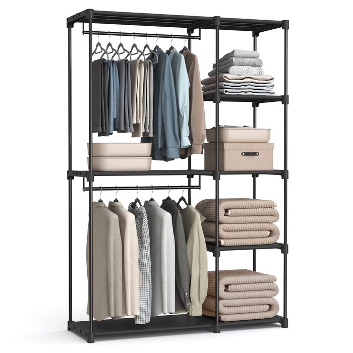 Відкрита шафа, вішалка для одягу, штанга для одягу, шафа, 2 підвісні полиці, багато місця, для спальні, вітальні, 124 x 43 x 182 см, чорний RYG026B02 Чорний 124Д x 182В см