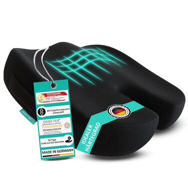 Ортопедична подушка для сидіння ПЕРЕМОЖЕЦЬ ТЕСТУ Ергономічний оазис для офісних крісел, автомобілів тощо - Знімає тиск на куприк, заспокоює біль та сприяє кровообігу Зроблено в Німеччині 50-95 кг Чорна піна з ефектом пам&39яті