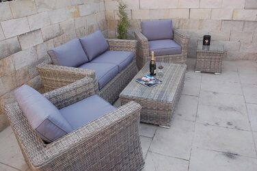 Дизайн меблів Ragnark PolyRattan Lounge НІМЕЦЬКИЙ бренд - ВЛАСНЕ виробництво - 8 років ГАРАНТІЇ на стійкість до ультрафіолету - Садові меблі скляна оббивка (натуральні кольори, круглий вигляд ротанга) Садові меблі алюміній