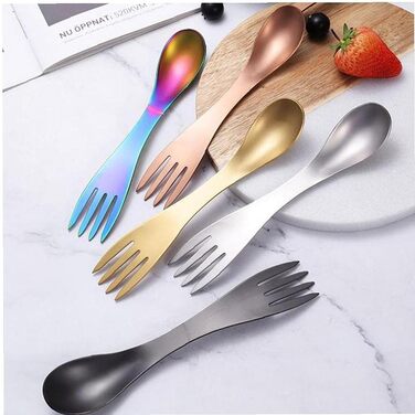 Набір із 5 виделок та ложок 2-в-1, портативний кухонний посуд із нержавіючої сталі для кемпінгу, подорожей, пікніків, офісу та використання на свіжому повітрі