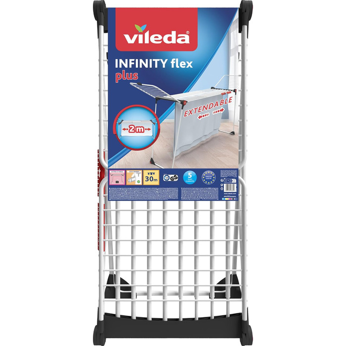 Вішалка для одягу Vileda Infinity Flex Plus, висувна центральна секція до 2 м, лінія сушіння 30 м, високі крила з лініями XXL, еко