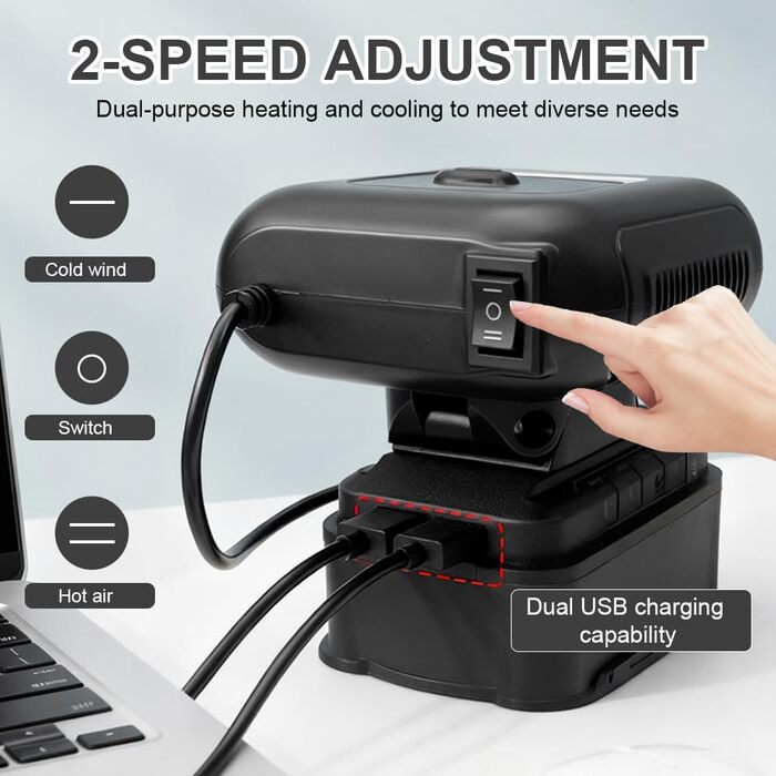 Обігрівач на батарейках, вентилятор-обігрівач на батарейках, автомобільний обігрівач з батарейками, поворот на 90, 2 портативні USB-обігрівачі, сумісний з BL1830 BL1850 BL1840 BL1845 BL1815 BL1820 BL1860B