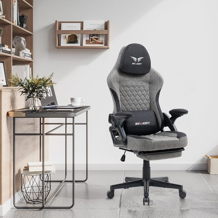 Ігрове крісло, ергономічне гоночне ігрове крісло з регульованим підголівником, робоче крісло з тканинною оббивкою, пружинною подушкою сидіння, з&39єднувальними підлокітниками та підставкою для ніг, функцією гойдання, новим підлокітником 135 - чорне