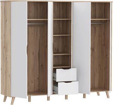 Гардероб Forte VANKKA 230, шафа в скандинавському стилі з 5 дверима на петлях та 2 шухлядами, витончені меблеві ніжки, інженерна деревина, декор дубовими дошками Білий, 228,8 см завширшки x 201,5 см заввишки x 52,7 см завглибшки. Біло-дубова 5-дверна шафа