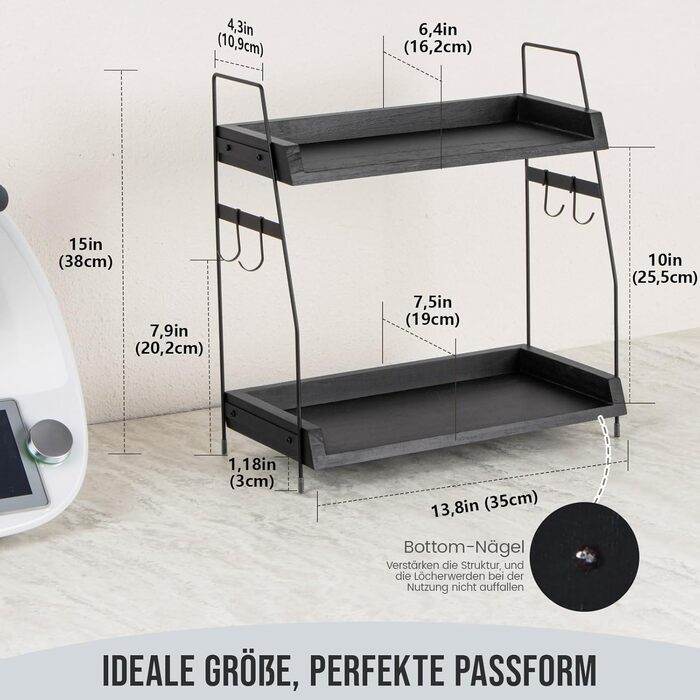 Кухонна полиця PUERSI, 2-рівневий органайзер для кави, дерев&39яний органайзер з гачками, кухонна полиця, підставка для спецій, органайзер для кухонних шаф - чорний